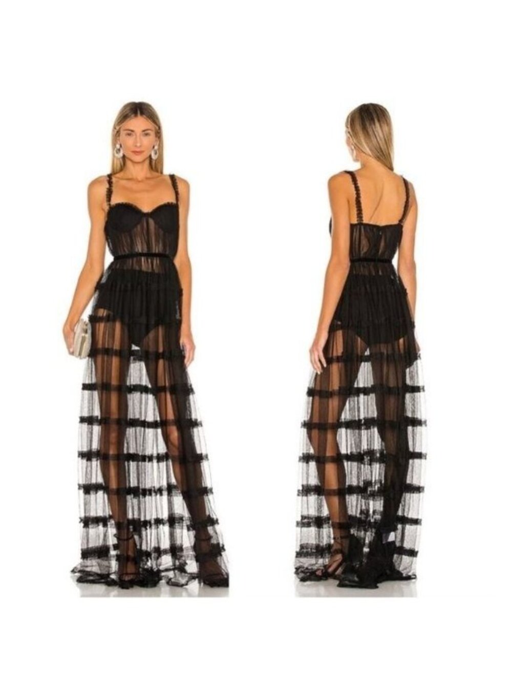 NWT Sau Lee Camille Tulle Ruffle Gown 4 Black Sheer Tiered Bustier Aline